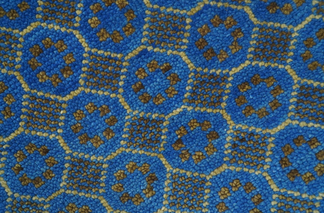 Blue and Charcoal geometrical honey comb design Hand knotted 8x9.6 wool Area Rug - The Rug Decor