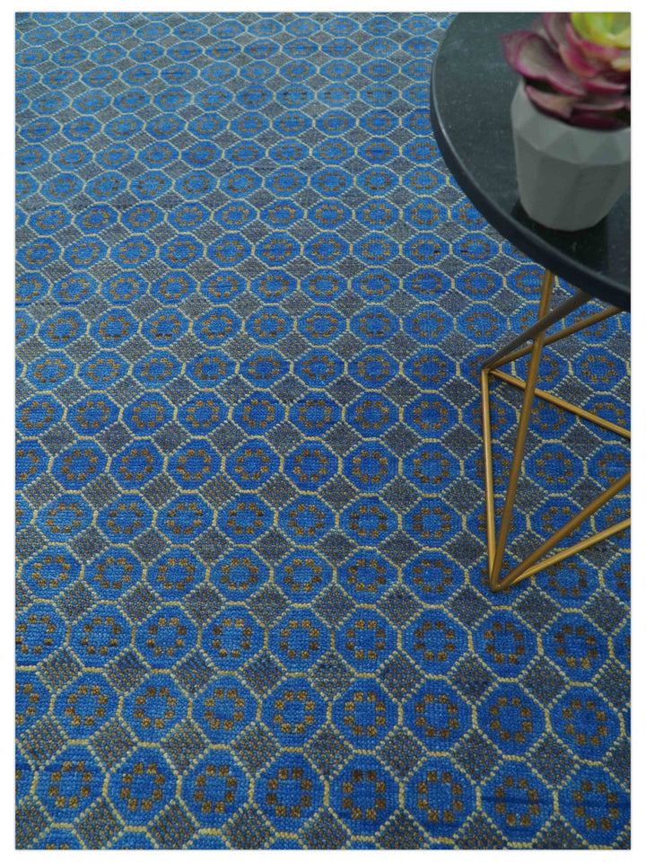 Blue and Charcoal geometrical honey comb design Hand knotted 8x9.6 wool Area Rug - The Rug Decor