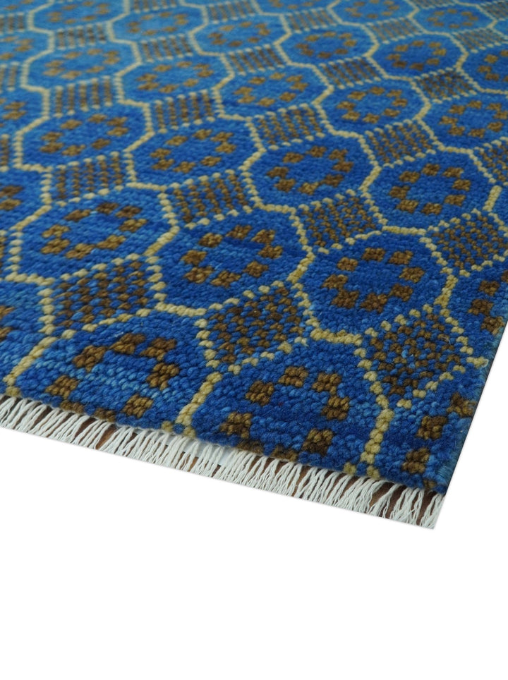 Blue and Charcoal geometrical honey comb design Hand knotted 8x9.6 wool Area Rug - The Rug Decor