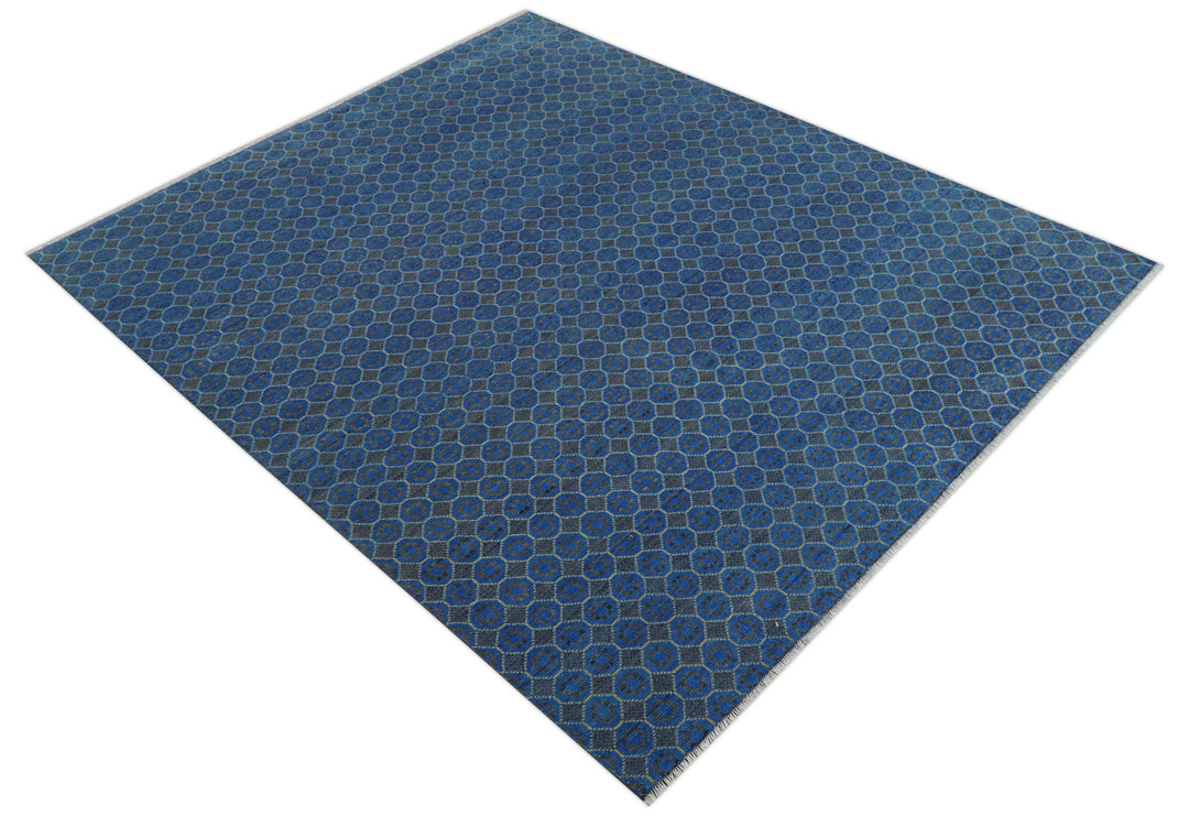 Blue and Charcoal geometrical honey comb design Hand knotted 8x9.6 wool Area Rug - The Rug Decor