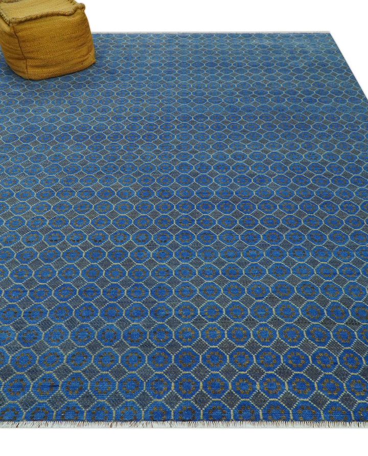 Blue and Charcoal geometrical honey comb design Hand knotted 8x9.6 wool Area Rug - The Rug Decor