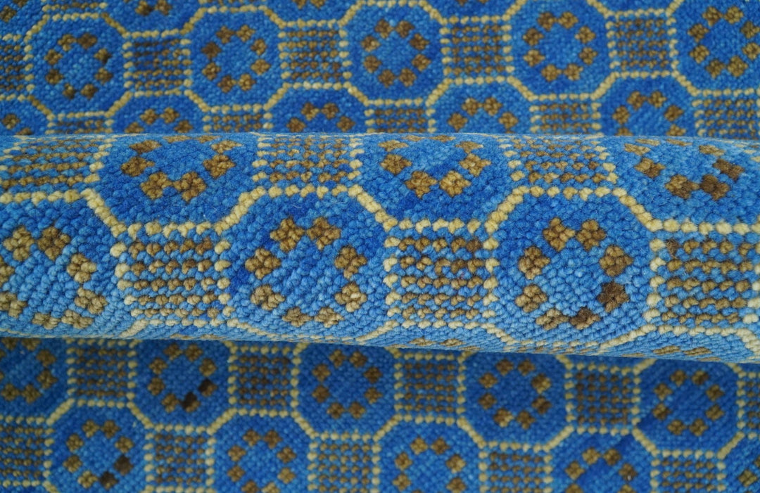 Blue and Charcoal geometrical honey comb design Hand knotted 8x9.6 wool Area Rug - The Rug Decor