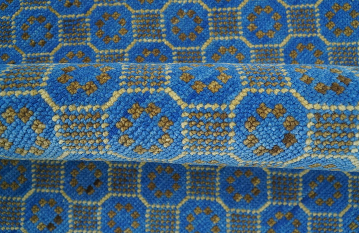 Blue and Charcoal geometrical honey comb design Hand knotted 8x9.6 wool Area Rug - The Rug Decor