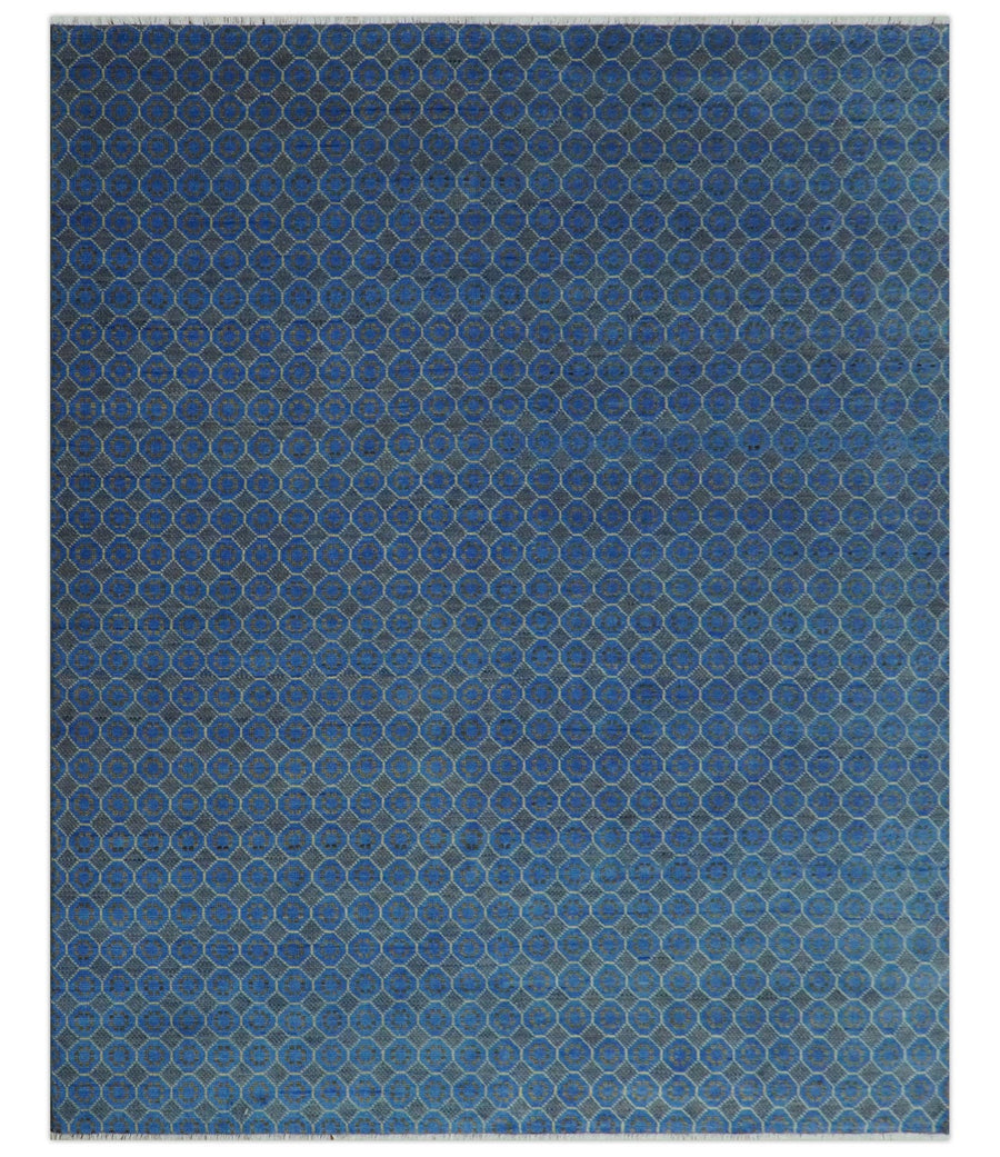 Blue and Charcoal geometrical honey comb design Hand knotted 8x9.6 wool Area Rug - The Rug Decor