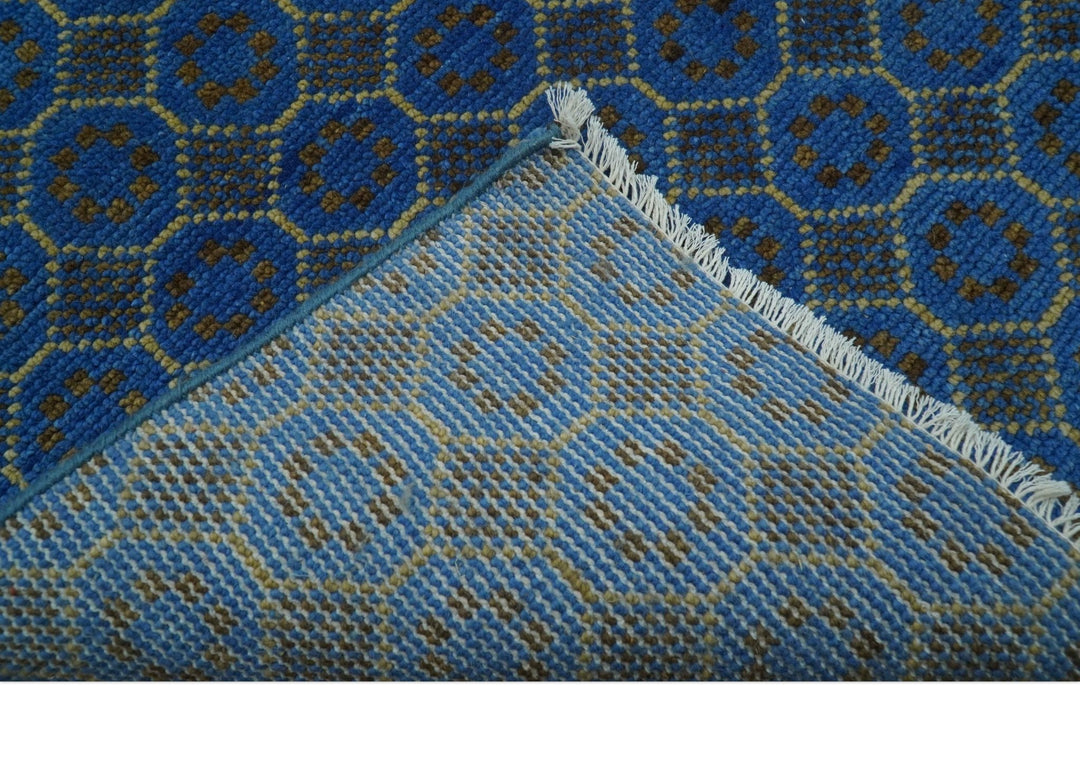 Blue and Charcoal geometrical honey comb design Hand knotted 8x9.6 wool Area Rug - The Rug Decor