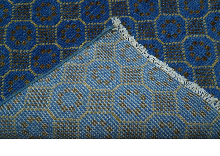 Blue and Charcoal geometrical honey comb design Hand knotted 8x9.6 wool Area Rug - The Rug Decor