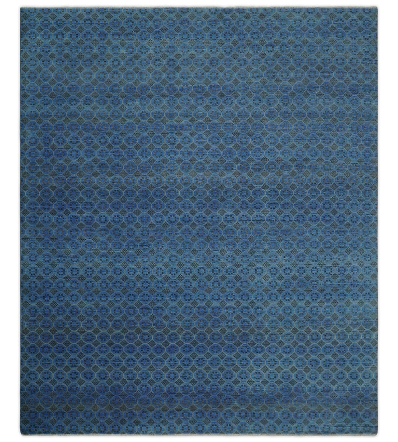 Blue and Charcoal geometrical honey comb design Hand knotted 8x9.6 wool Area Rug - The Rug Decor