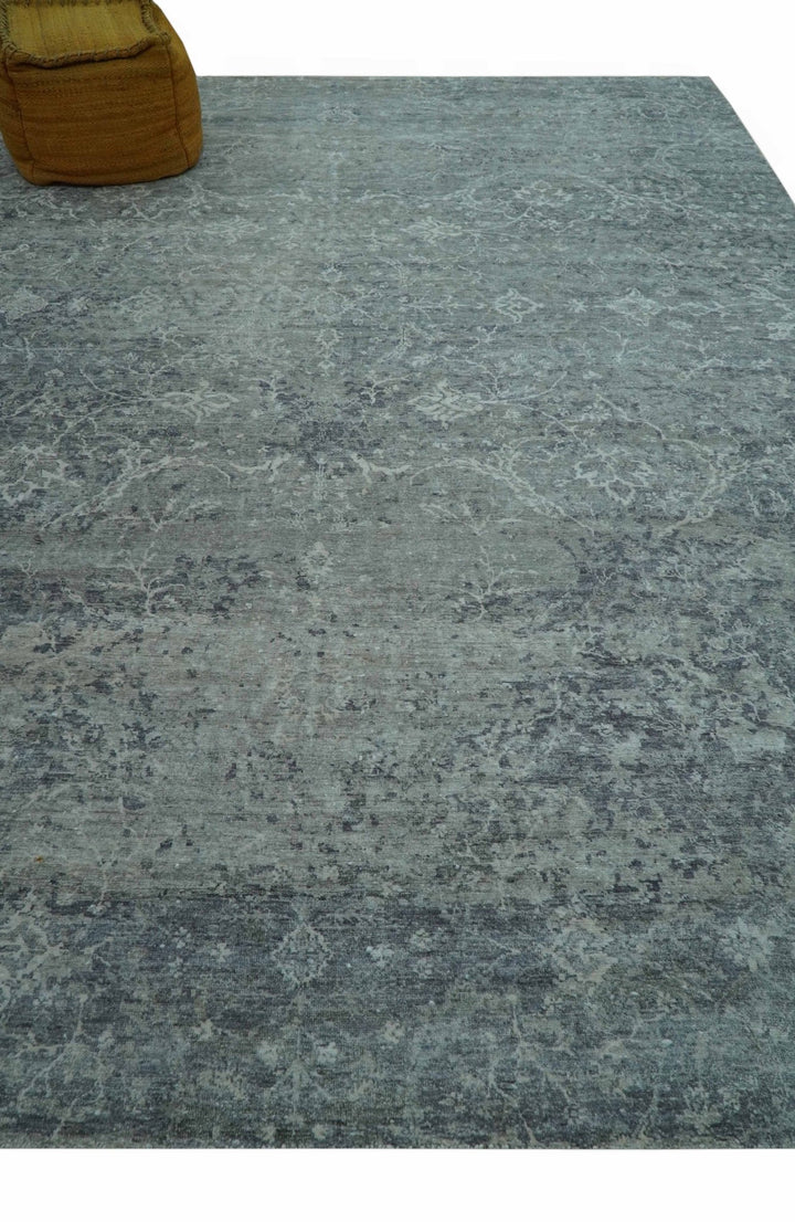 Blue And charcoal Transitional Design Hand Knotted 8.8x11.6 Wool Area Rug - The Rug Decor