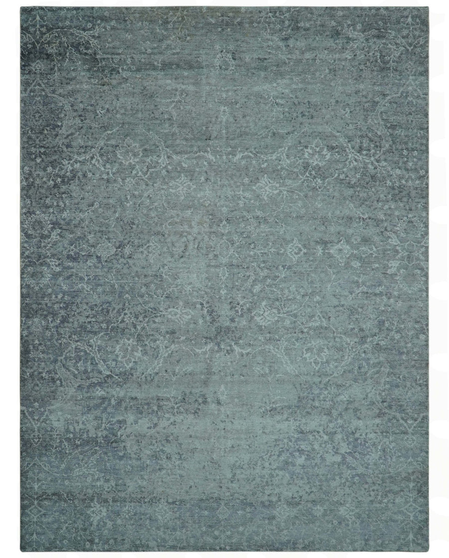 Blue And charcoal Transitional Design Hand Knotted 8.8x11.6 Wool Area Rug - The Rug Decor