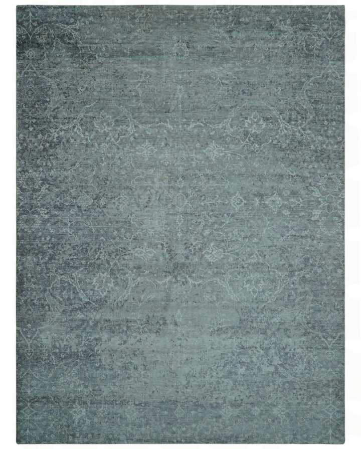 Blue And charcoal Transitional Design Hand Knotted 8.8x11.6 Wool Area Rug - The Rug Decor