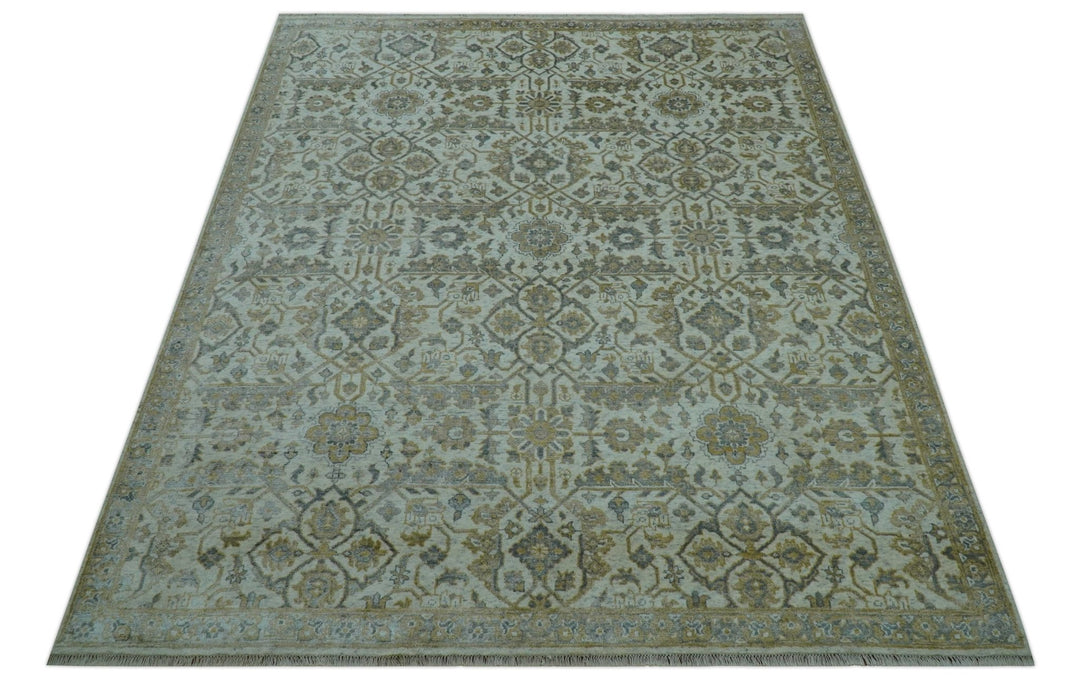 Blue And Gold Fine Hand Knotted traditional Oriental Oushak design 8x10 wool area rug - The Rug Decor