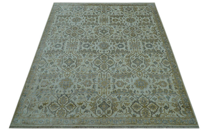 Blue And Gold Fine Hand Knotted traditional Oriental Oushak design 8x10 wool area rug - The Rug Decor