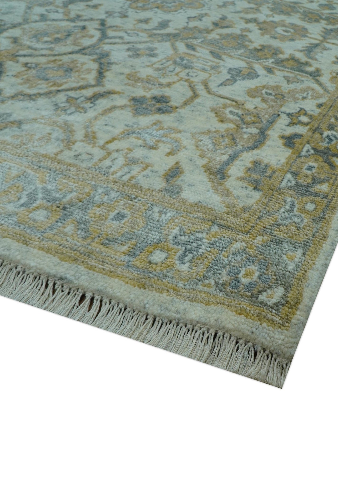 Blue And Gold Fine Hand Knotted traditional Oriental Oushak design 8x10 wool area rug - The Rug Decor