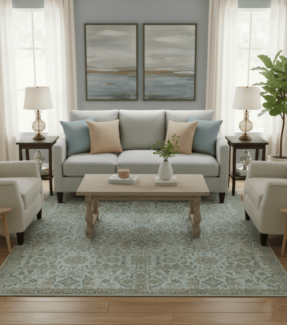 Blue And Gold Fine Hand Knotted traditional Oriental Oushak design 8x10 wool area rug - The Rug Decor