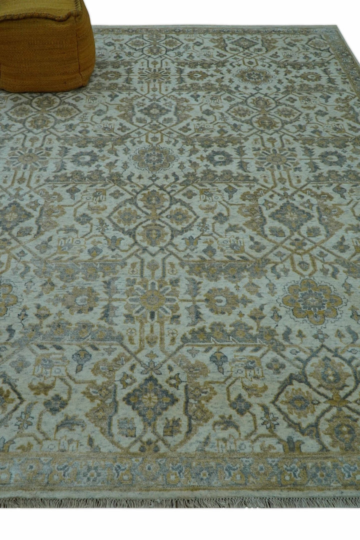 Blue And Gold Fine Hand Knotted traditional Oriental Oushak design 8x10 wool area rug - The Rug Decor