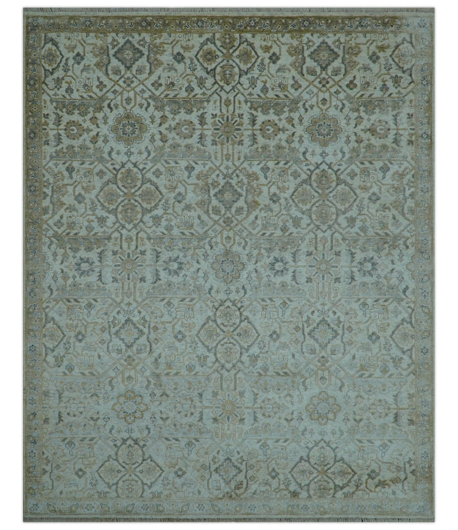 Blue And Gold Fine Hand Knotted traditional Oriental Oushak design 8x10 wool area rug - The Rug Decor