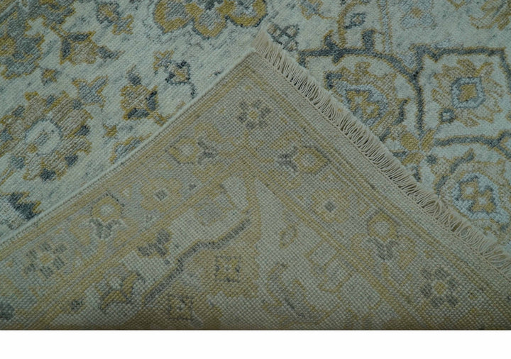 Blue And Gold Fine Hand Knotted traditional Oriental Oushak design 8x10 wool area rug - The Rug Decor