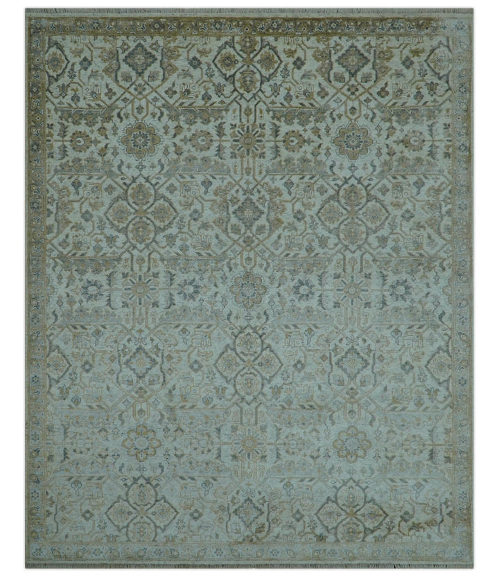 Blue And Gold Fine Hand Knotted traditional Oriental Oushak design 8x10 wool area rug - The Rug Decor