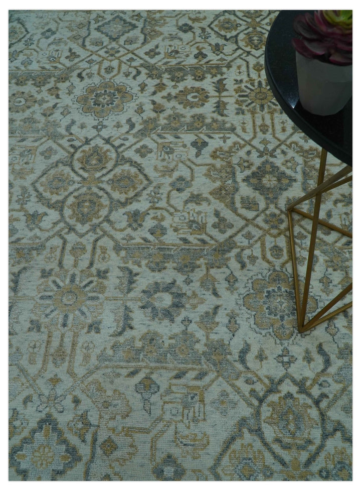 Blue And Gold Fine Hand Knotted traditional Oriental Oushak design 8x10 wool area rug - The Rug Decor