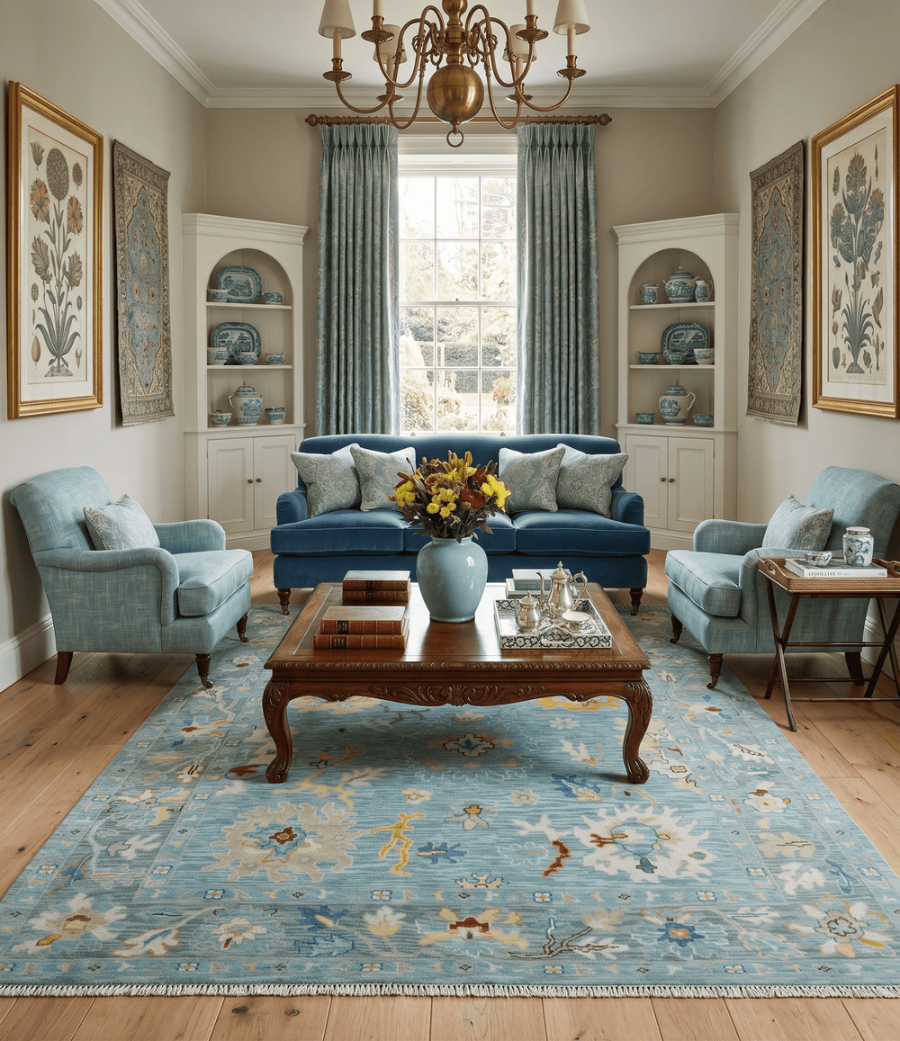 Blue and Gray Vibrant colorful Hand knotted Oushak Wool Area Rug - The Rug Decor