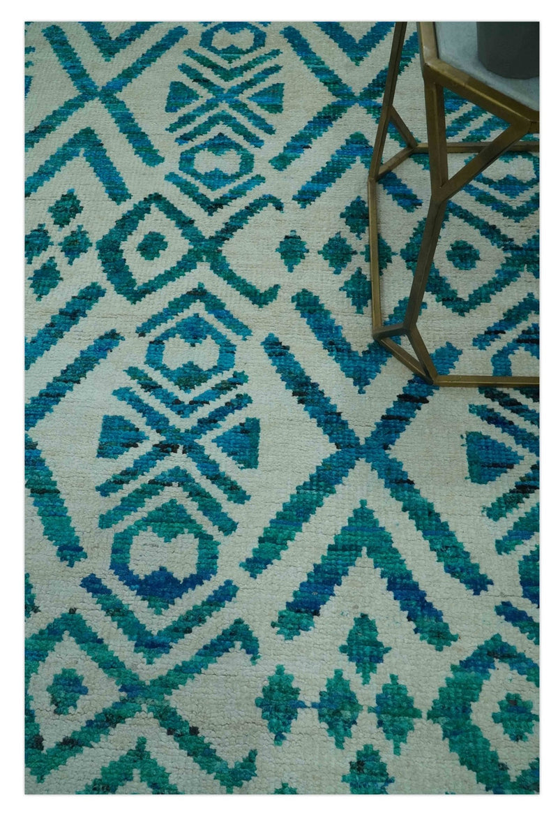 Blue and Ivory 5.6x8 Traditional Ikat design Hand Knotted wool area rug - The Rug Decor