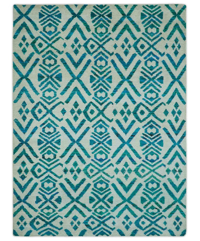 Blue and Ivory 5.6x8 Traditional Ikat design Hand Knotted wool area rug - The Rug Decor