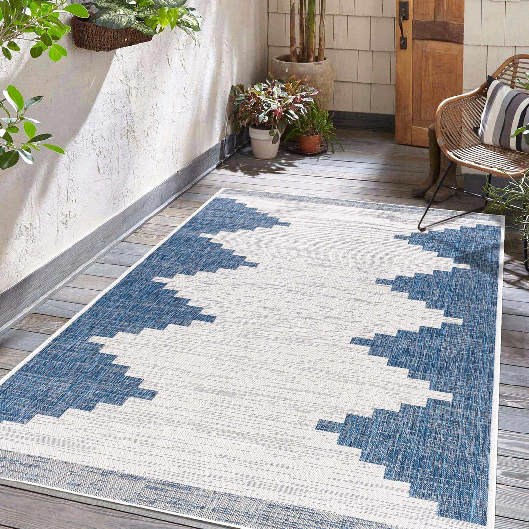 Blue and Ivory Geometrical Indoor and Outdoor Multi Size Washable Area Rug - The Rug Decor