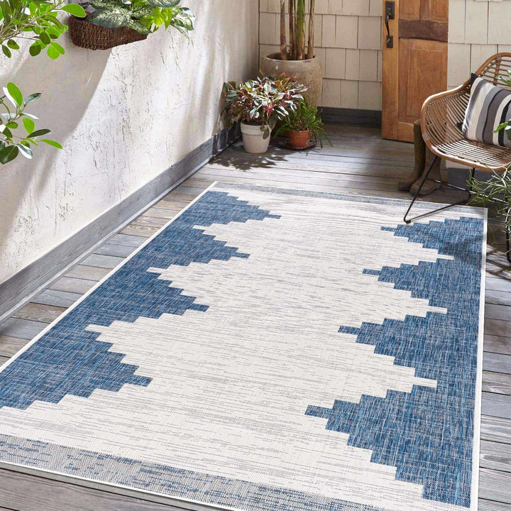 Blue and Ivory Geometrical Indoor and Outdoor Multi Size Washable Area Rug - The Rug Decor
