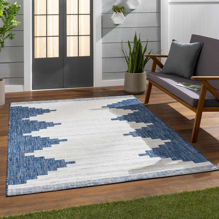 Blue and Ivory Geometrical Indoor and Outdoor Multi Size Washable Area Rug - The Rug Decor
