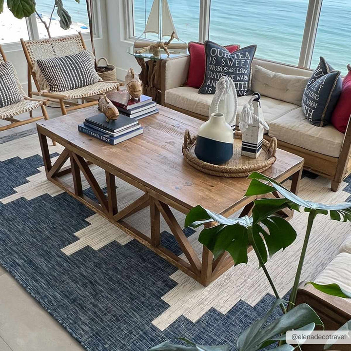 Blue and Ivory Geometrical Indoor and Outdoor Multi Size Washable Area Rug - The Rug Decor