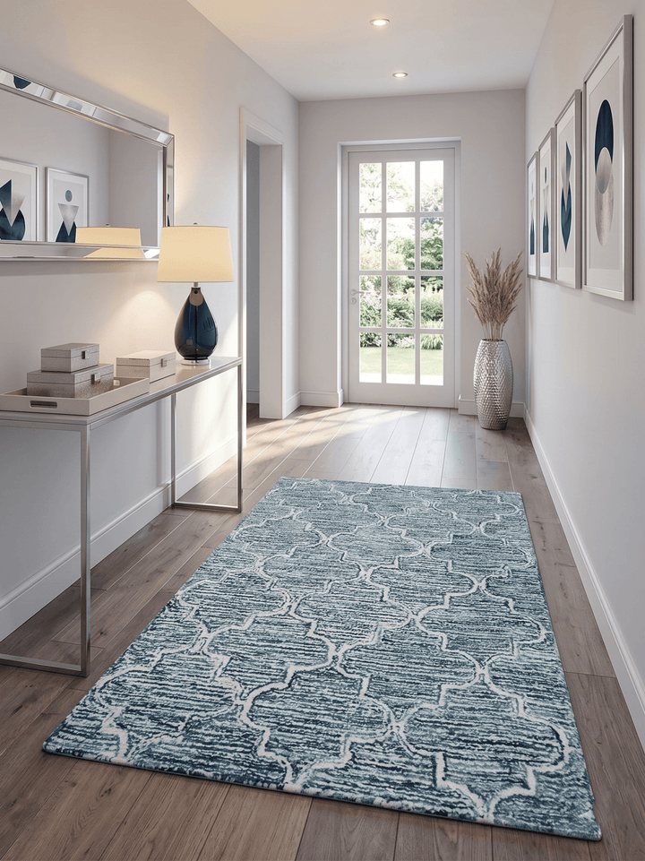 Blue and Ivory Modern Geometric Hand Tufted Natural Wool Rug - The Rug Decor