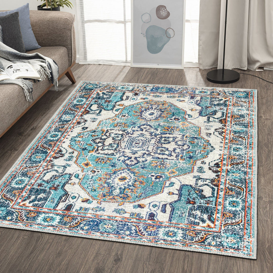 Blue And Ivory Traditional Style Machine Washable Cotton Rug - The Rug Decor