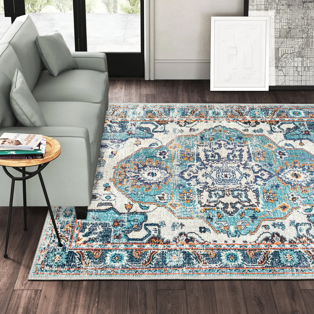 Blue And Ivory Traditional Style Machine Washable Cotton Rug - The Rug Decor