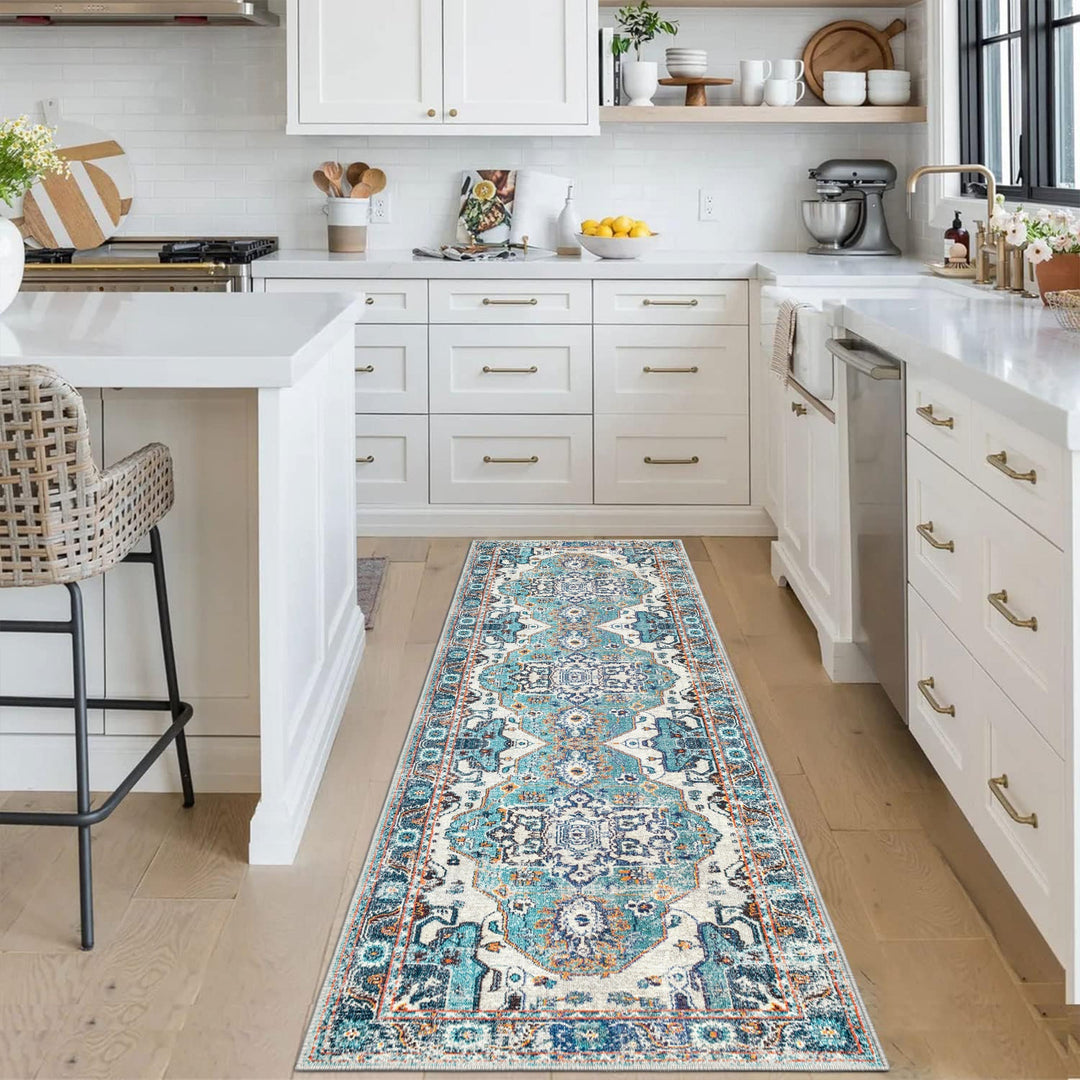 Blue And Ivory Traditional Style Machine Washable Cotton Rug - The Rug Decor