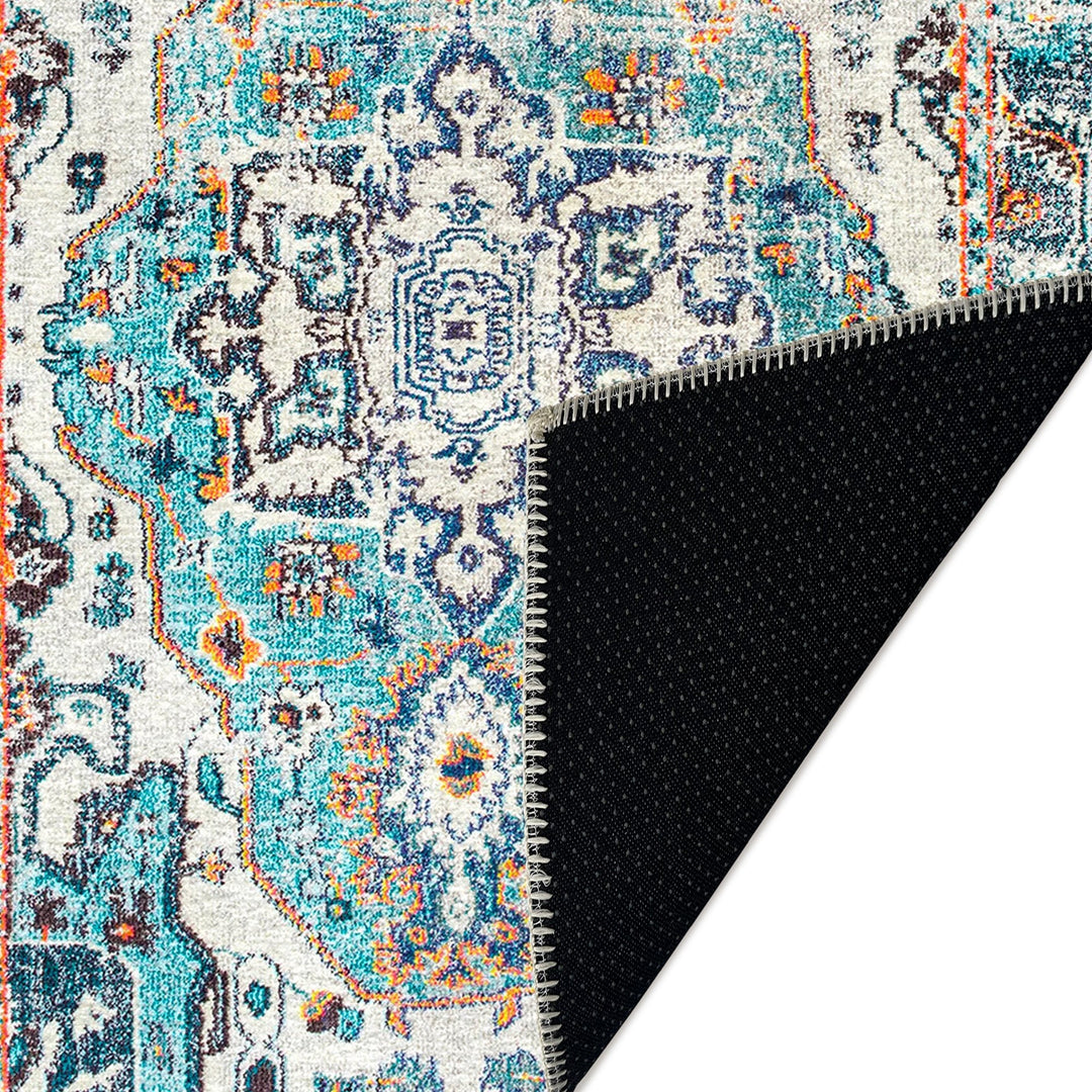 Blue And Ivory Traditional Style Machine Washable Cotton Rug - The Rug Decor