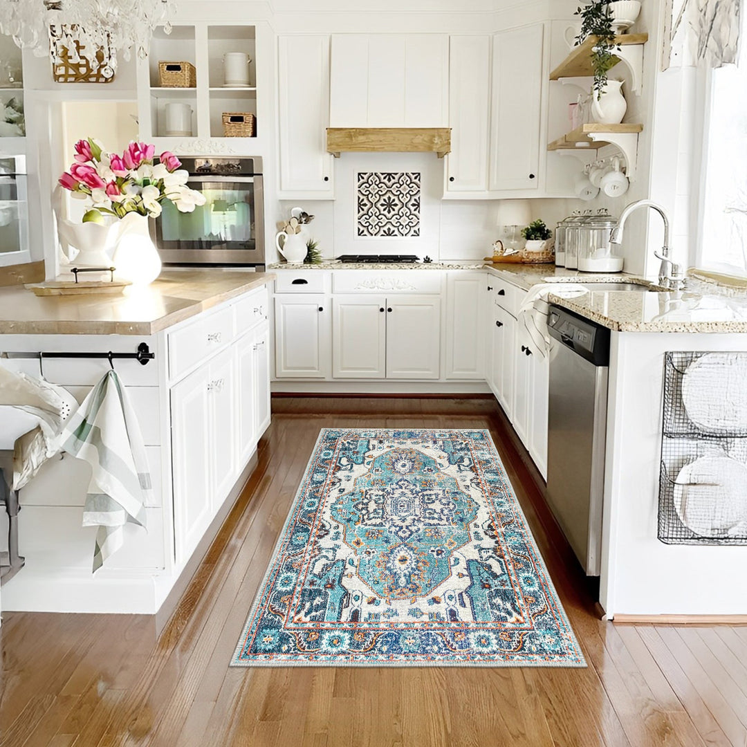 Blue And Ivory Traditional Style Machine Washable Cotton Rug - The Rug Decor