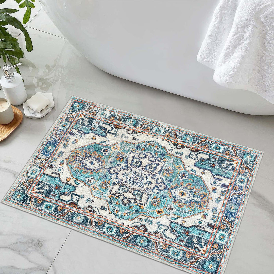 Blue And Ivory Traditional Style Machine Washable Cotton Rug - The Rug Decor