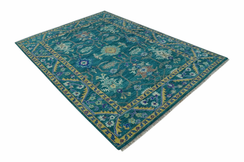 Blue and Mustard Hand knotted Traditional Oriental Oushak 9x12 wool Area Rug - The Rug Decor