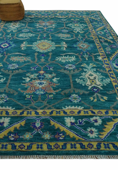 Blue and Mustard Hand knotted Traditional Oriental Oushak 9x12 wool Area Rug - The Rug Decor