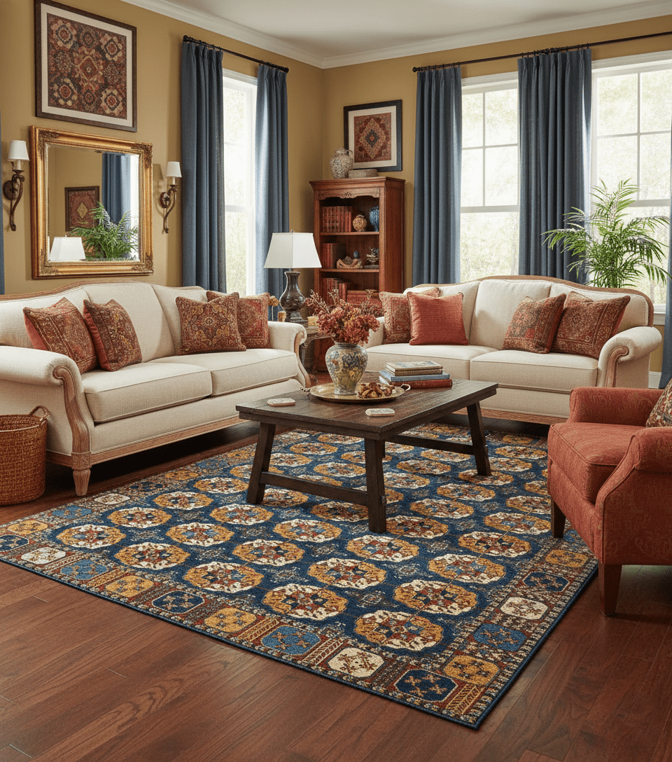 Blue And Mustard Traditional Medallion Design 8x10 Hand Knotted wool Area Rug - The Rug Decor