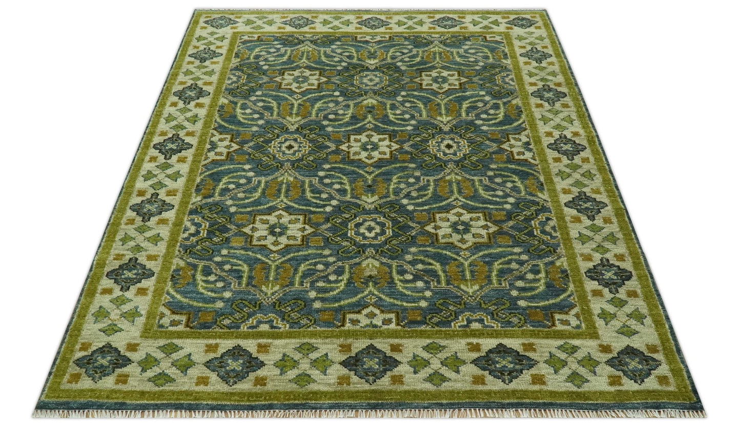 Blue and Olive Traditional motifs design 8x10 wool area rug - The Rug Decor