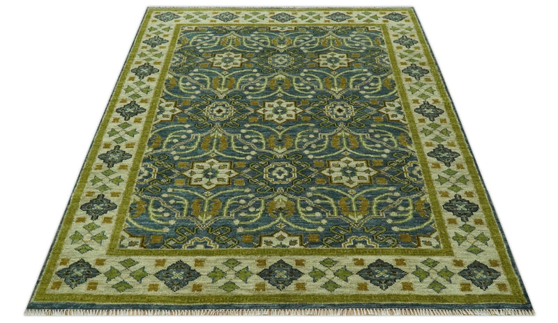 Blue and Olive Traditional motifs design 8x10 wool area rug - The Rug Decor