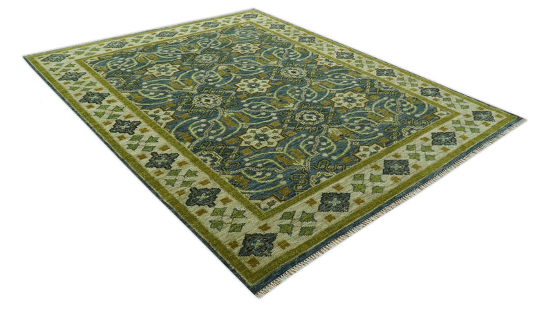 Blue and Olive Traditional motifs design 8x10 wool area rug - The Rug Decor