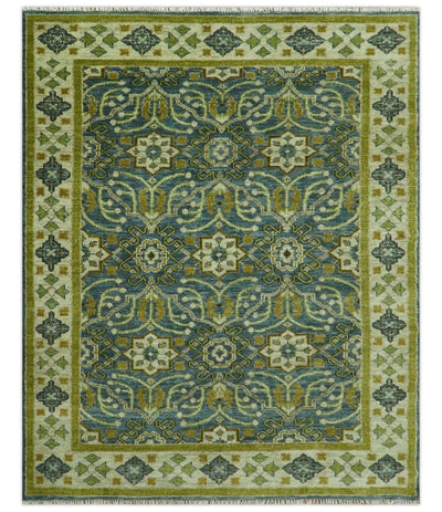 Blue and Olive Traditional motifs design 8x10 wool area rug - The Rug Decor