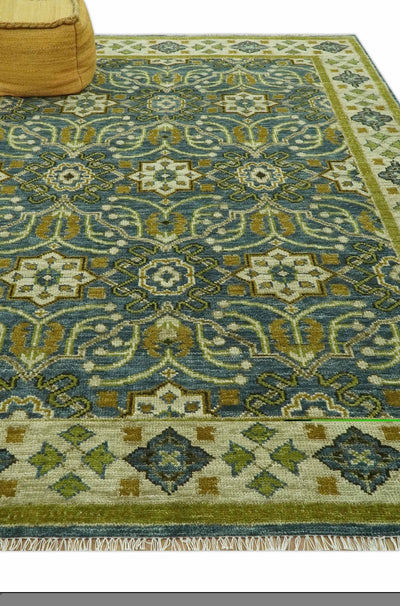 Blue and Olive Traditional motifs design Custom Made wool area rug - The Rug Decor