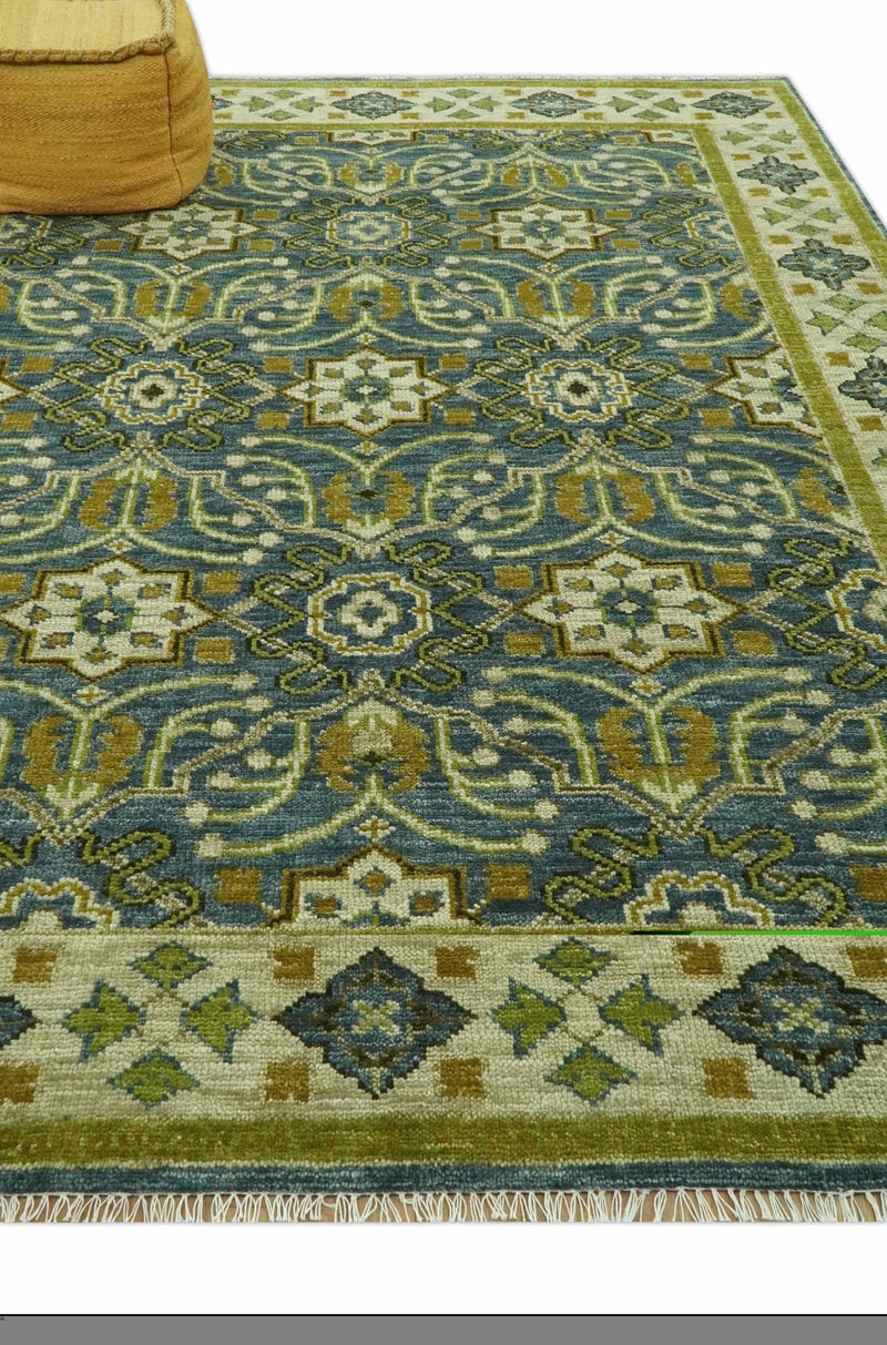 Blue and Olive Traditional motifs design Custom Made wool area rug - The Rug Decor