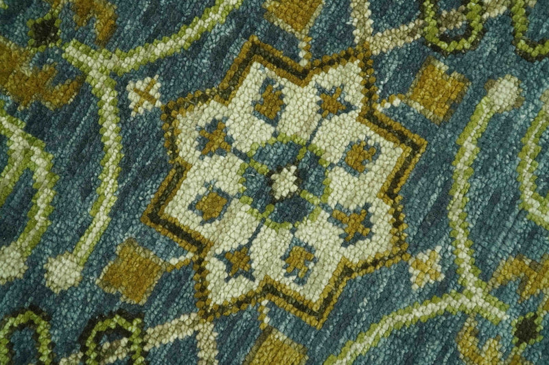 Blue and Olive Traditional motifs design Custom Made wool area rug - The Rug Decor