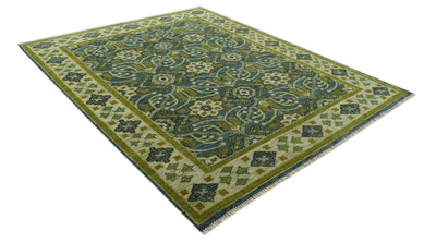 Blue and Olive Traditional motifs design Custom Made wool area rug - The Rug Decor