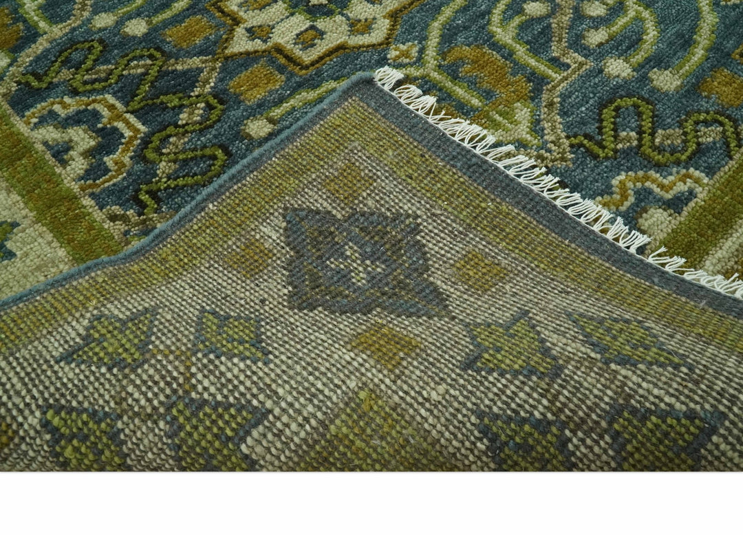 Blue and Olive Traditional motifs design Custom Made wool area rug - The Rug Decor