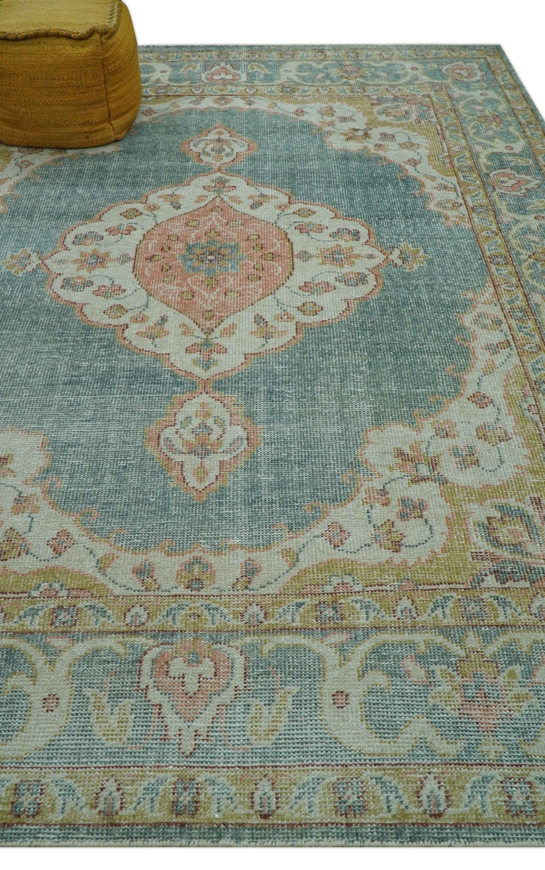 Blue And Peach Traditional Turkish Design Hand Knotted 8x10 Wool Area Rug - The Rug Decor